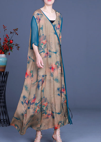 Vintage Apricot V Neck Print asymmetrical design Fall Holiday Dress Long sleeve