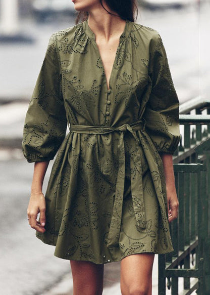 Vintage Army Green Hollow Out Tie Waist Cotton Mid Dress Bracelet Sleeve