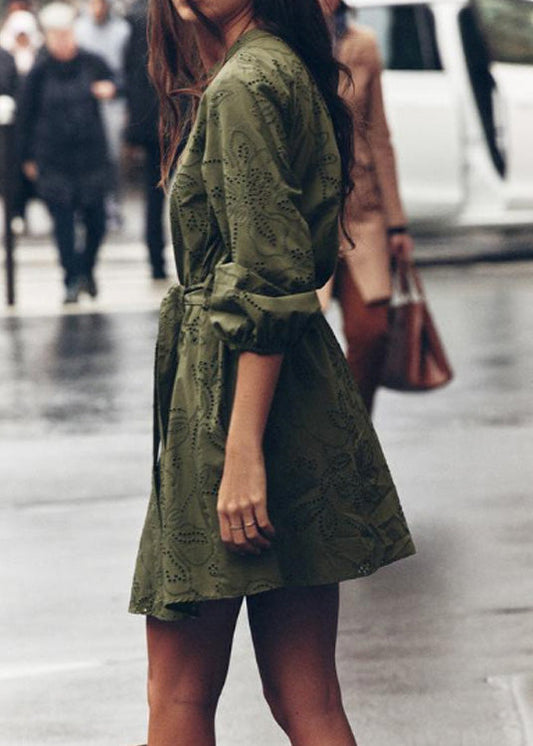 Vintage Army Green Hollow Out Tie Waist Cotton Mid Dress Bracelet Sleeve