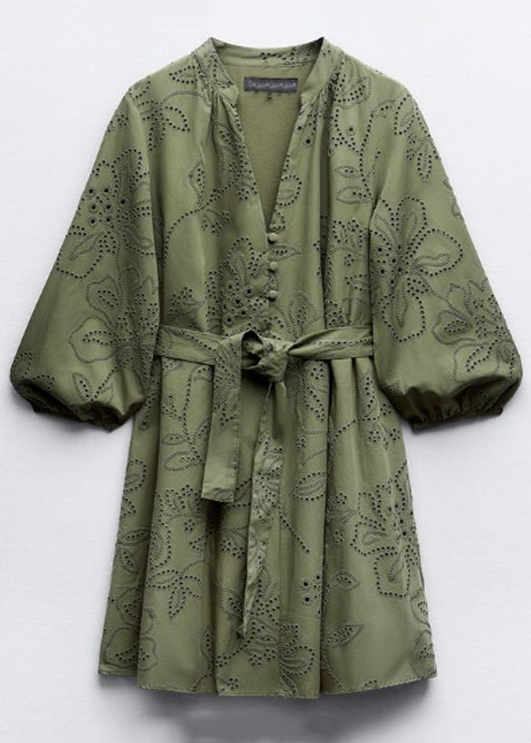 Vintage Army Green Hollow Out Tie Waist Cotton Mid Dress Bracelet Sleeve