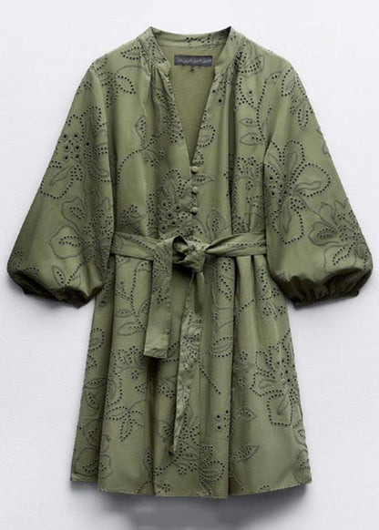 Vintage Army Green Hollow Out Tie Waist Cotton Mid Dress Bracelet Sleeve