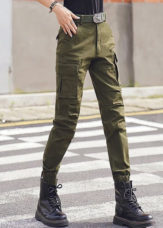 Vintage Army Green Multi Pockets High Waist Jogger Cargo Pants Fall