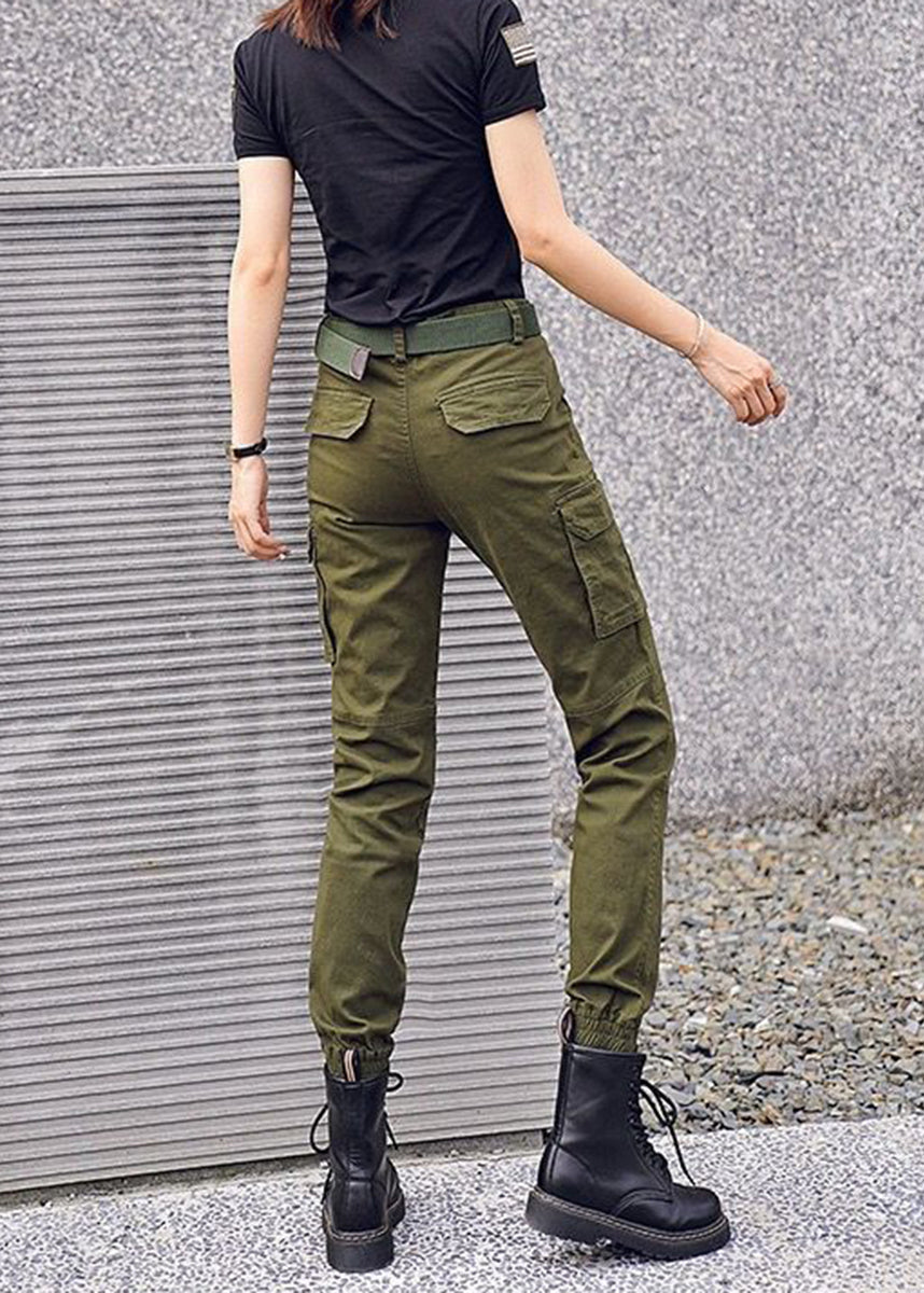 Vintage Army Green Multi Pockets High Waist Jogger Cargo Pants Fall