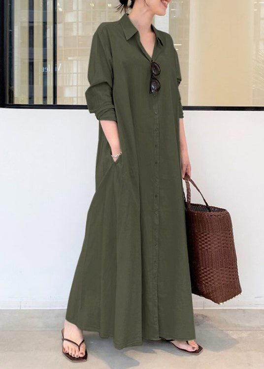 Vintage Army Green Oversized Cotton Robe Dresses Spring