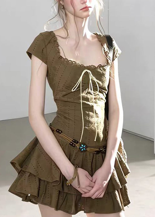 Vintage Army Green Square Collar Layered Cotton Mini Dress Short Sleeve