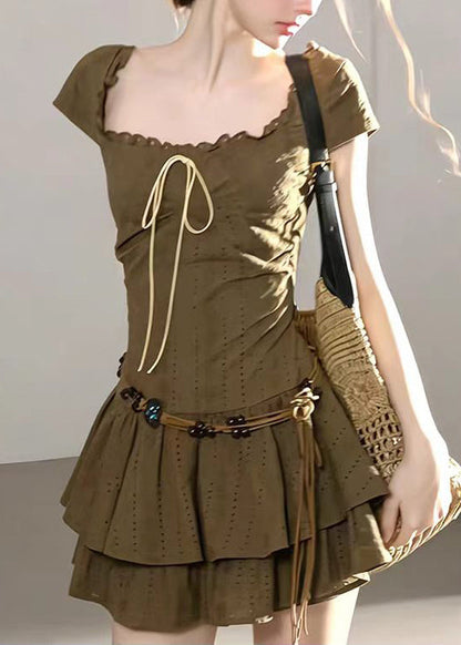 Vintage Army Green Square Collar Layered Cotton Mini Dress Short Sleeve