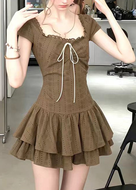 Vintage Army Green Square Collar Layered Cotton Mini Dress Short Sleeve