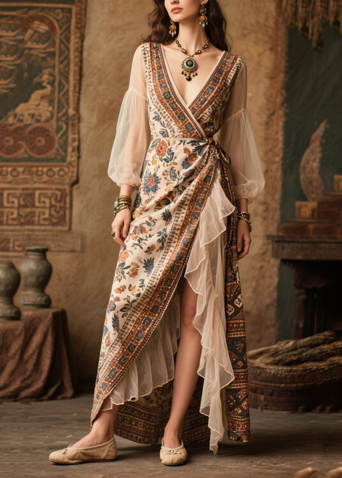 Vintage Beige Asymmetrical Patchwork Chiffon Tunic Dresses Summer