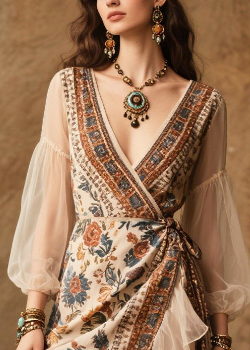 Vintage Beige Asymmetrical Patchwork Chiffon Tunic Dresses Summer