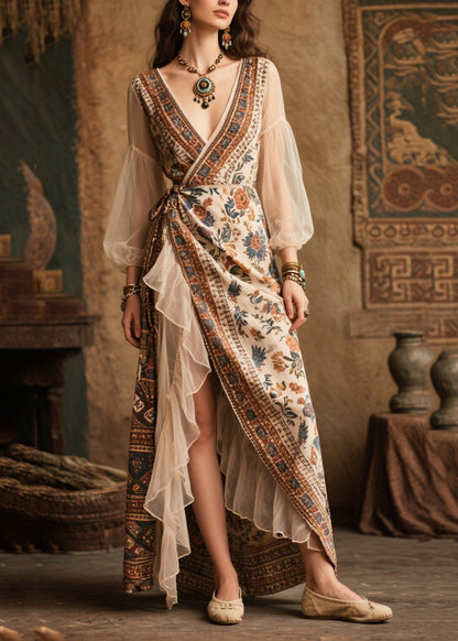 Vintage Beige Asymmetrical Patchwork Chiffon Tunic Dresses Summer