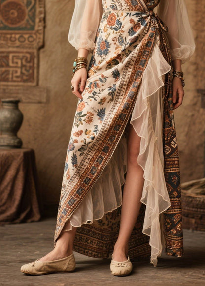 Vintage Beige Asymmetrical Patchwork Chiffon Tunic Dresses Summer