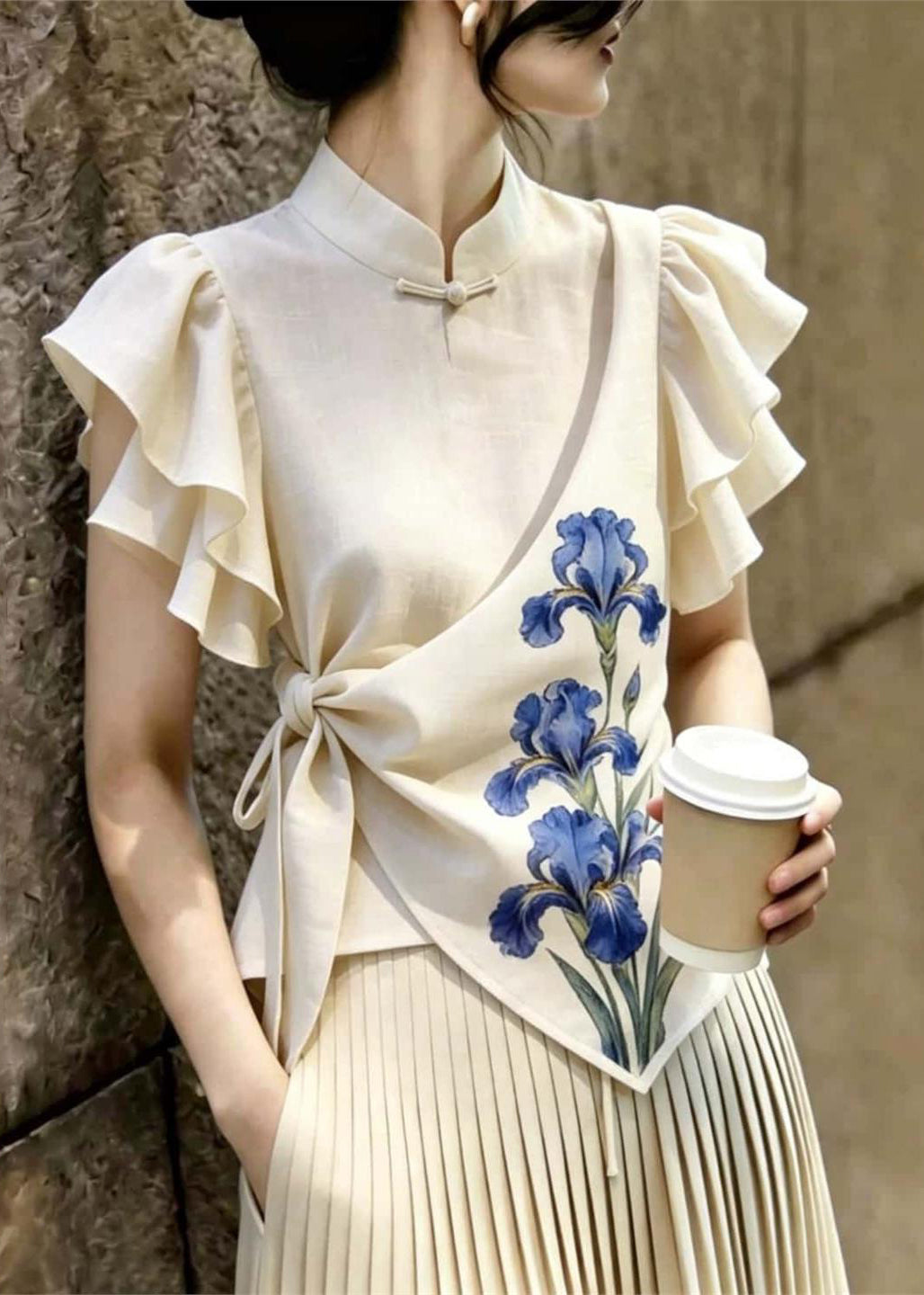 Vintage Beige Asymmetrical Print Cotton Tank Butterfly Sleeve
