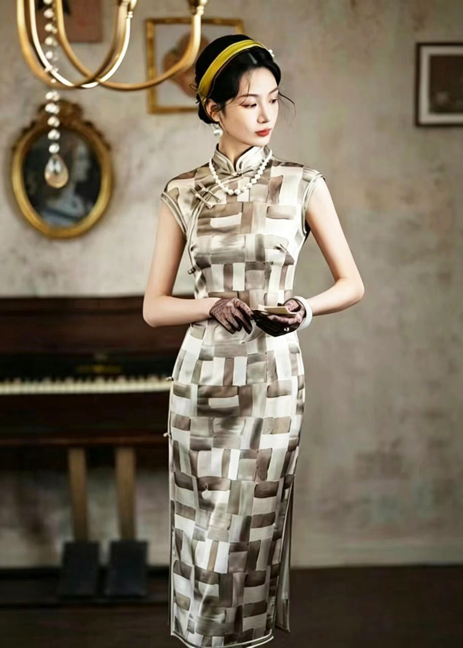 Vintage Beige Brown Stand Collar Chinese Buttons Dress Summer