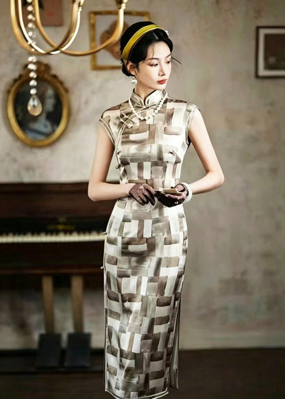Vintage Beige Brown Stand Collar Chinese Buttons Dress Summer