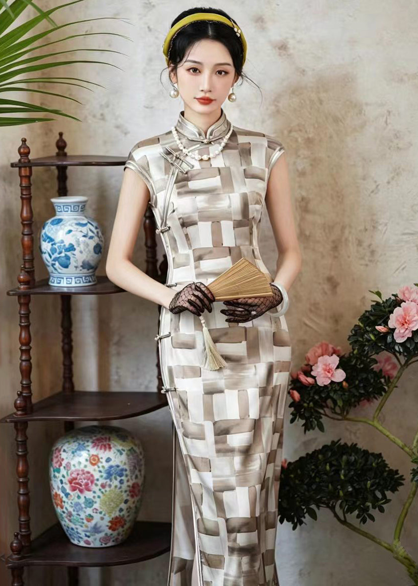 Vintage Beige Brown Stand Collar Chinese Buttons Dress Summer
