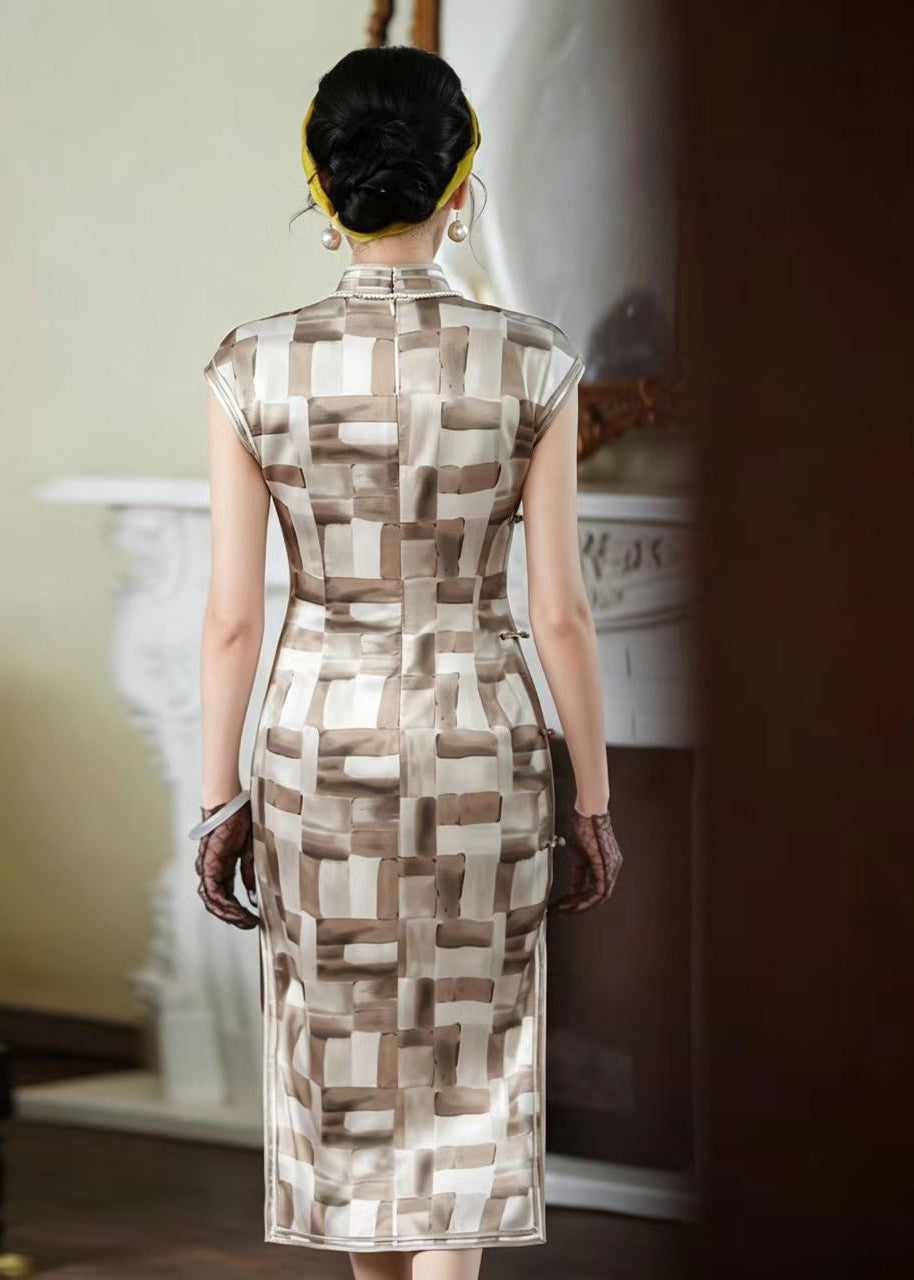 Vintage Beige Brown Stand Collar Chinese Buttons Dress Summer