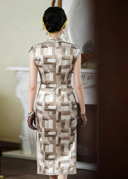 Vintage Beige Brown Stand Collar Chinese Buttons Dress Summer