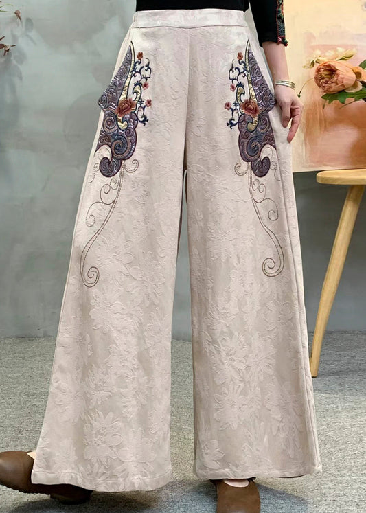 Vintage Beige Embroidered Jacquard Draping Cotton Pants Spring