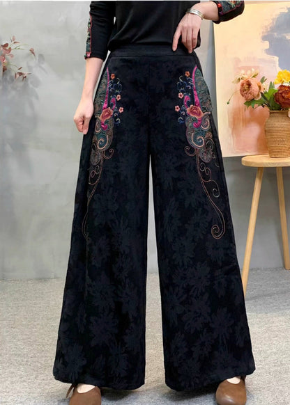 Vintage Beige Embroidered Jacquard Draping Cotton Pants Spring