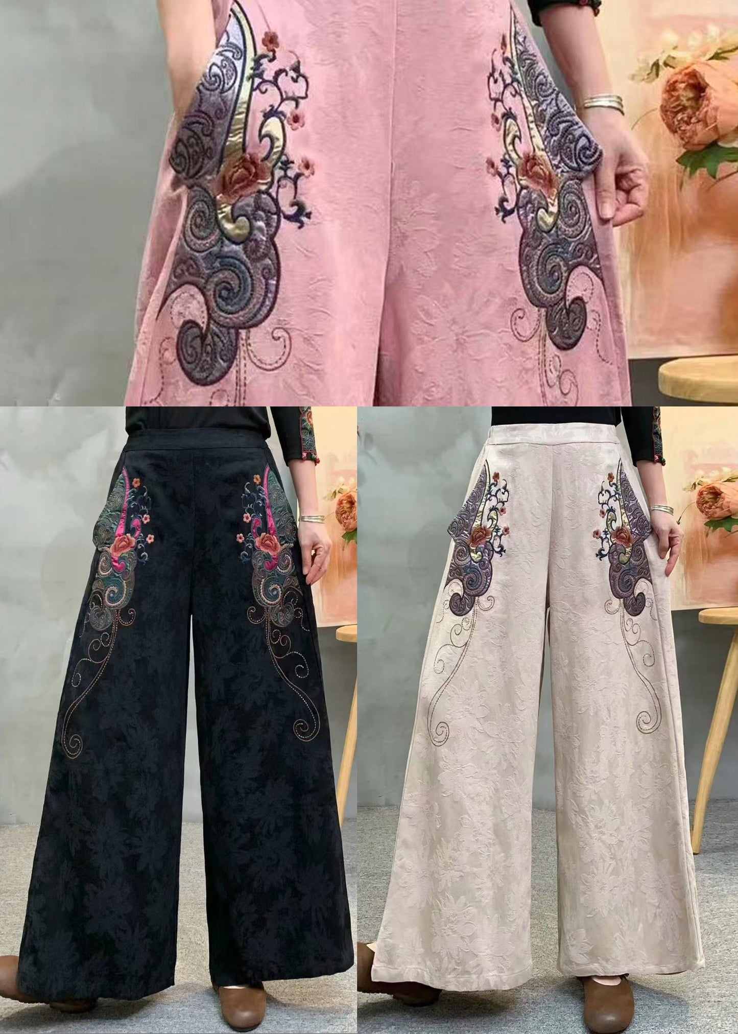 Vintage Beige Embroidered Jacquard Draping Cotton Pants Spring