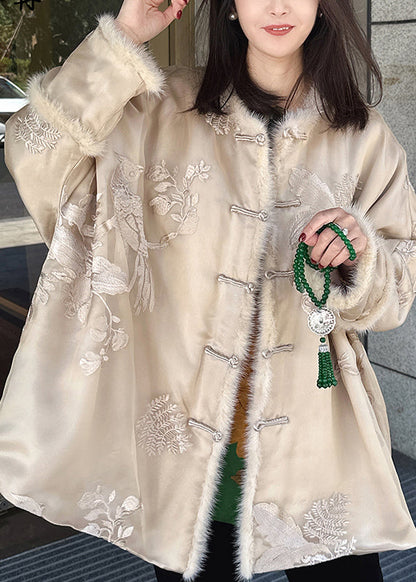 Vintage Beige Embroidered Mink Hair Patchwork Fine Cotton Filled Coat Winter