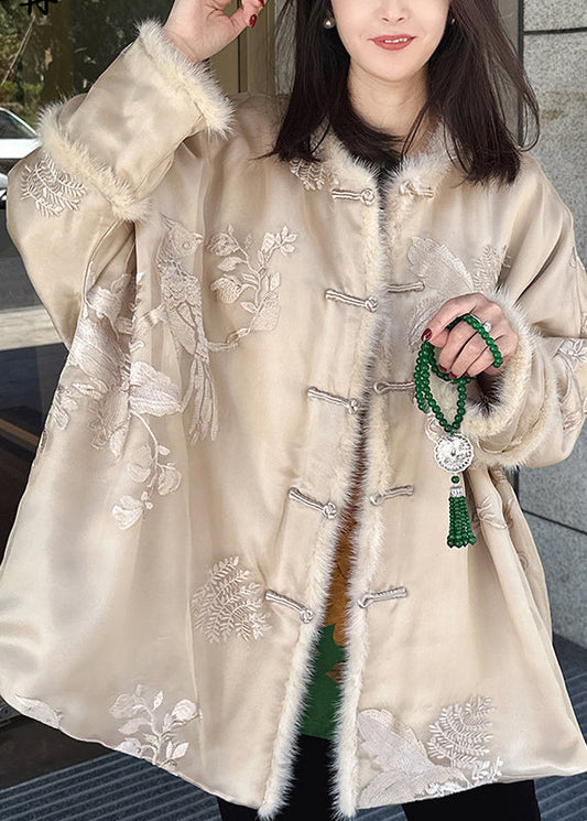 Vintage Beige Embroidered Mink Hair Patchwork Fine Cotton Filled Coat Winter
