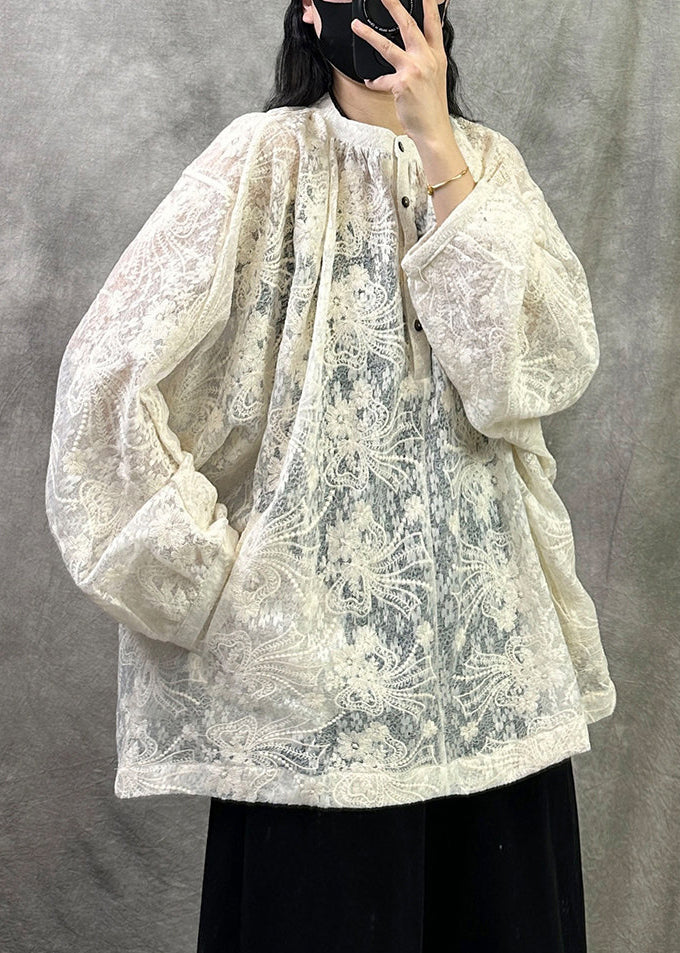 Vintage Beige Embroidered Plus Size Cotton Shirt Fall