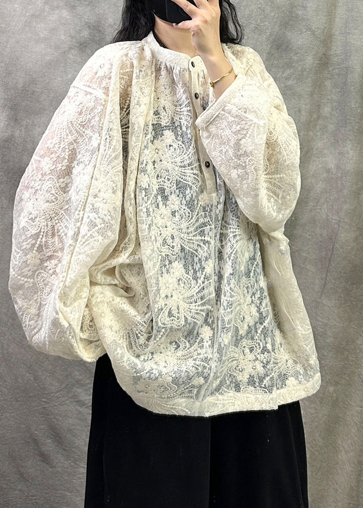 Vintage Beige Embroidered Plus Size Cotton Shirt Fall