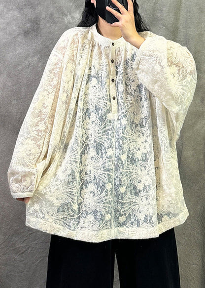 Vintage Beige Embroidered Plus Size Cotton Shirt Fall