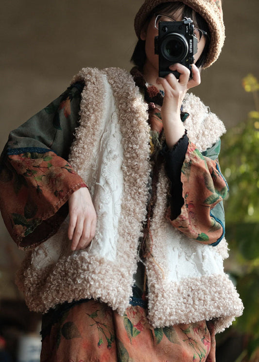 Vintage Beige Faux Fur Patchwork Fine Cotton Filled Vest Sleeveless