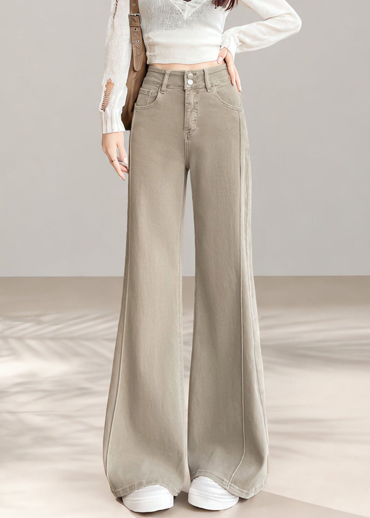 Vintage Beige High Waist Denim Flared Trousers Fall