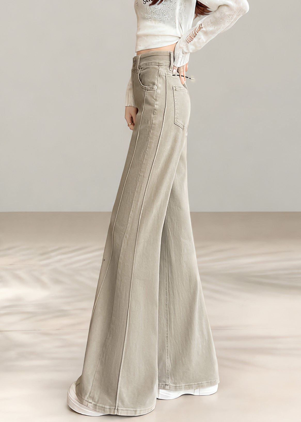 Vintage Beige High Waist Denim Flared Trousers Fall
