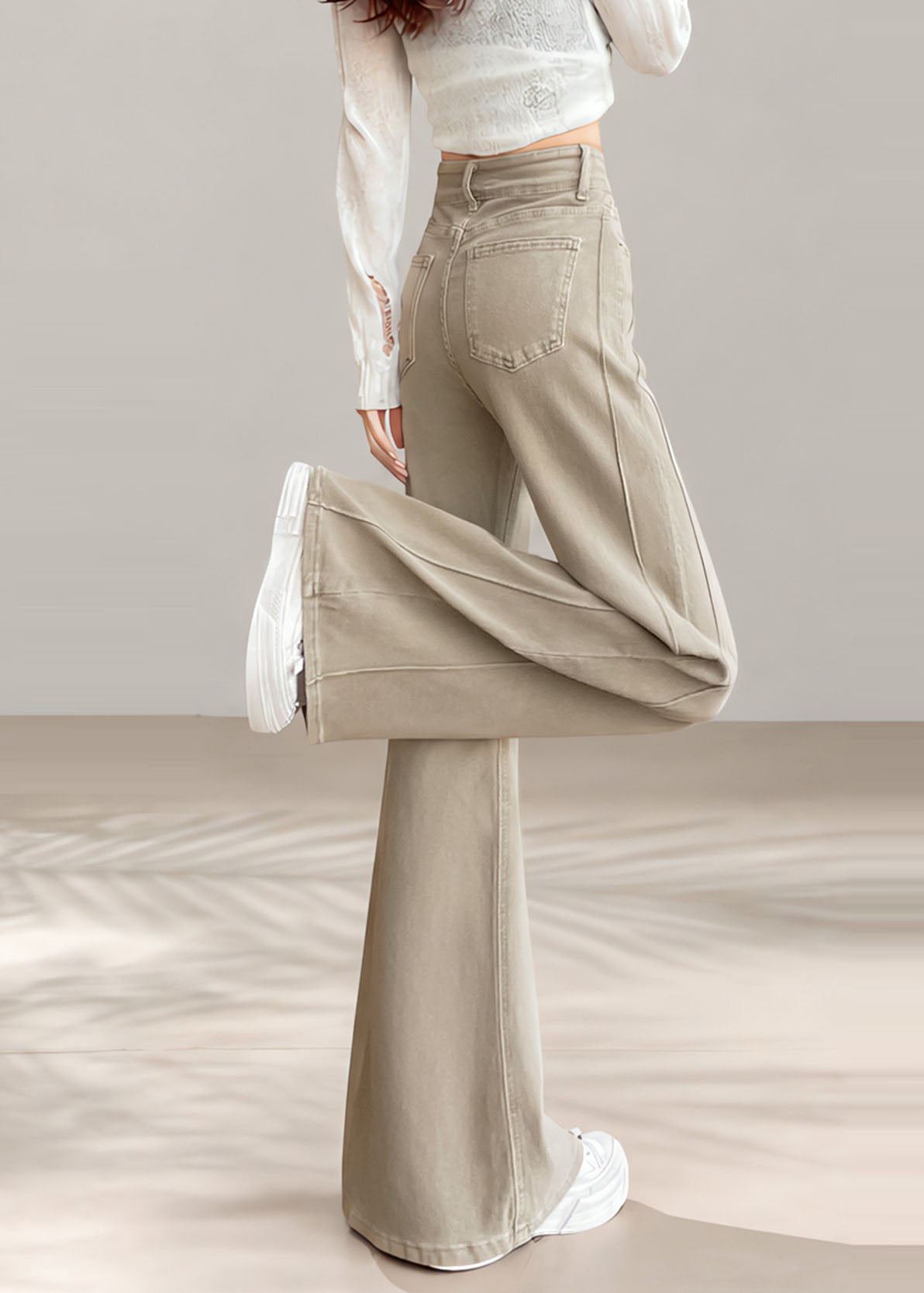 Vintage Beige High Waist Denim Flared Trousers Fall