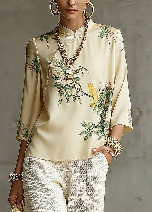 Vintage Beige Mandarin Collar Side Open Print Silk Top Long Sleeve