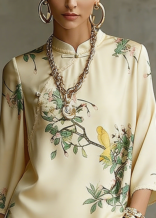 Vintage Beige Mandarin Collar Side Open Print Silk Top Long Sleeve