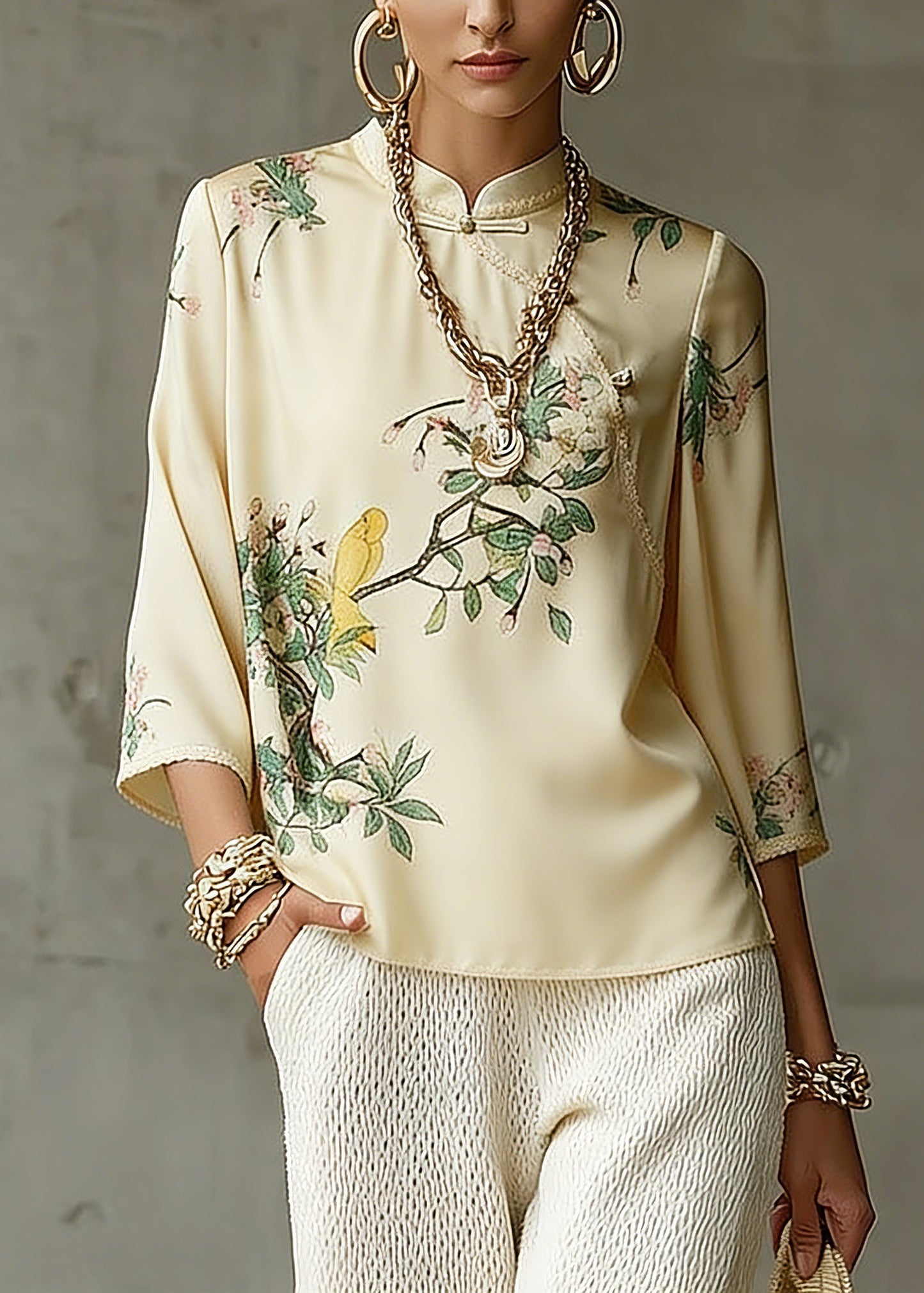 Vintage Beige Mandarin Collar Side Open Print Silk Top Long Sleeve