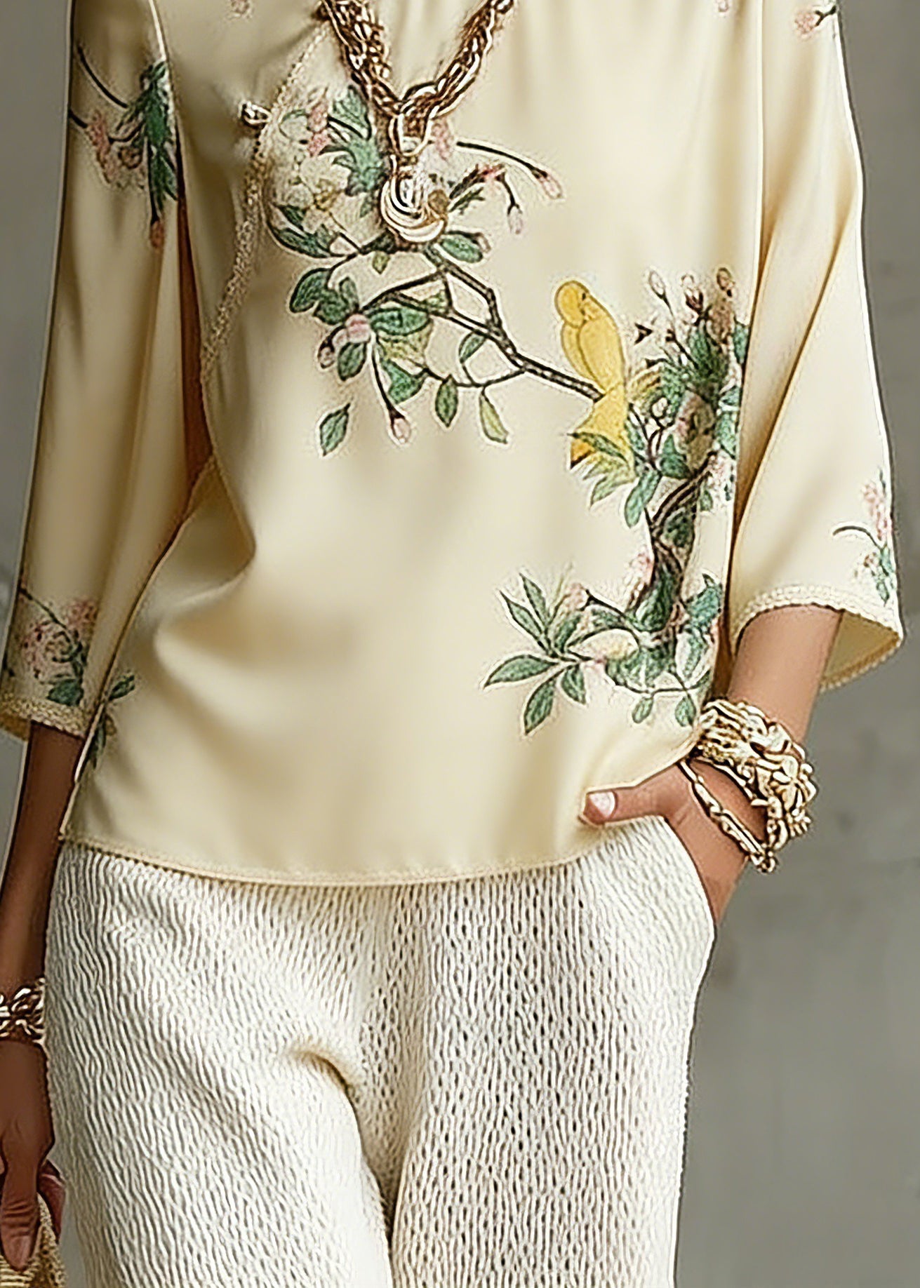 Vintage Beige Mandarin Collar Side Open Print Silk Top Long Sleeve