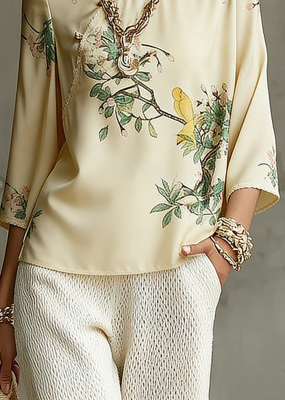 Vintage Beige Mandarin Collar Side Open Print Silk Top Long Sleeve
