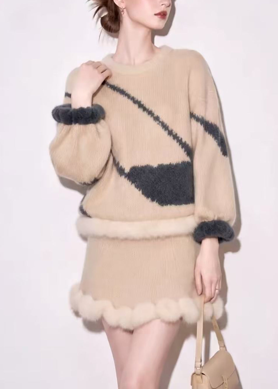Vintage Beige O-Neck Sweater And Skirts Mink Hair Knitted Two Pieces Set Fall