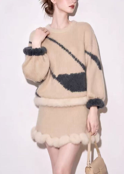 Vintage Beige O-Neck Sweater And Skirts Mink Hair Knitted Two Pieces Set Fall
