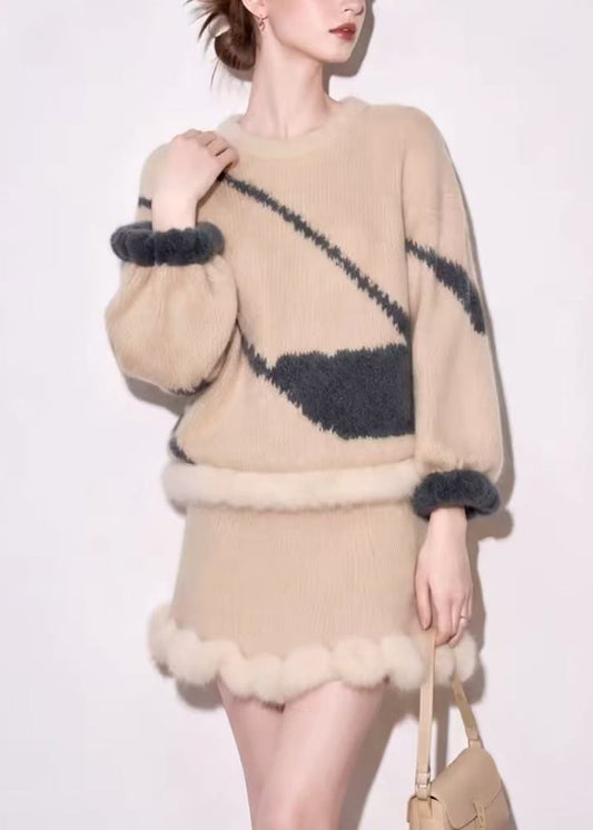 Vintage Beige O-Neck Sweater And Skirts Mink Hair Knitted Two Pieces Set Fall