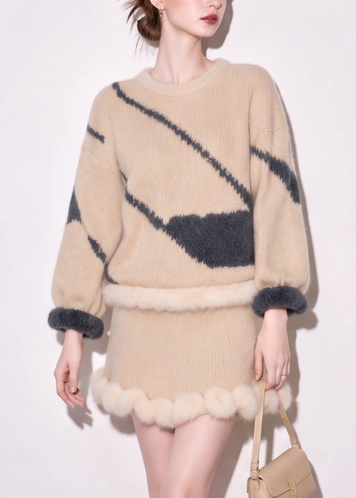 Vintage Beige O-Neck Sweater And Skirts Mink Hair Knitted Two Pieces Set Fall