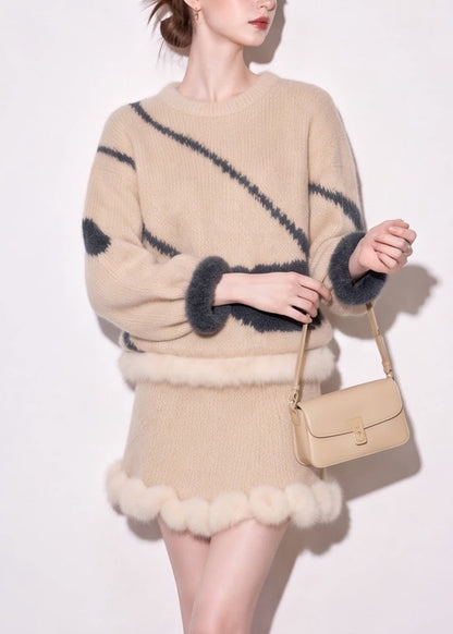 Vintage Beige O-Neck Sweater And Skirts Mink Hair Knitted Two Pieces Set Fall