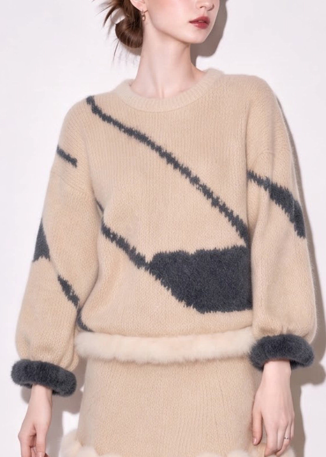 Vintage Beige O-Neck Sweater And Skirts Mink Hair Knitted Two Pieces Set Fall