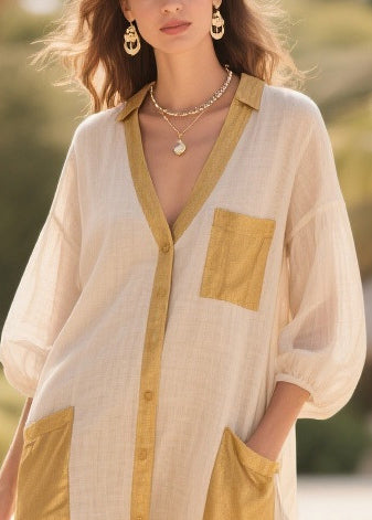 Vintage Beige Oversized Patchwork Cotton Dress Bracelet Sleeve