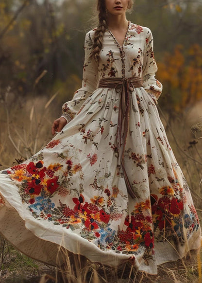 Vintage-Beige-Print-Exra-Large-Hem-Long-Dress-Spring