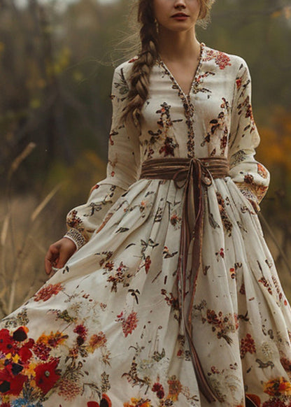 Vintage-Beige-Print-Exra-Large-Hem-Long-Dress-Spring