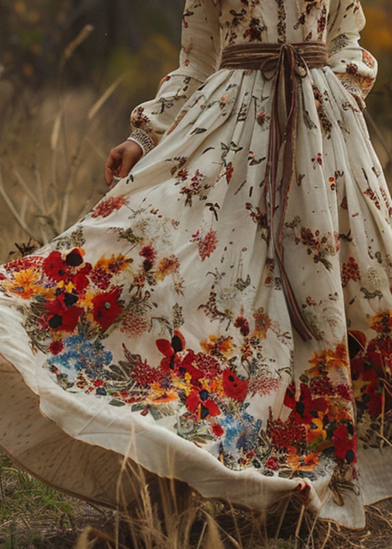 Vintage-Beige-Print-Exra-Large-Hem-Long-Dress-Spring