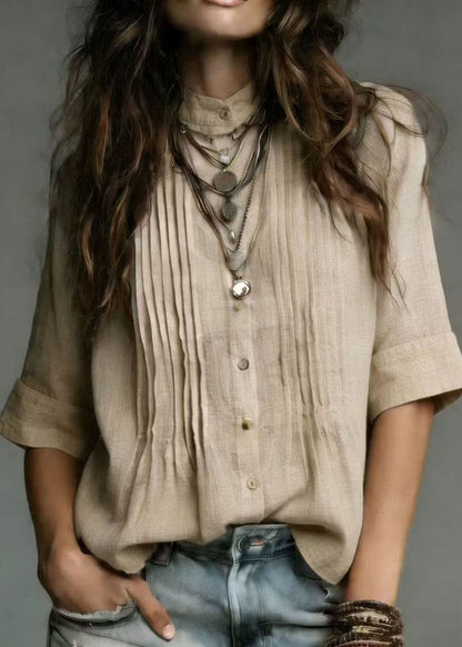 Vintage Beige Stand Collar Wrinkled Linen Shirt Tops Half Sleeve