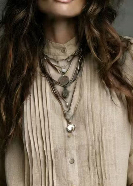 Vintage Beige Stand Collar Wrinkled Linen Shirt Tops Half Sleeve